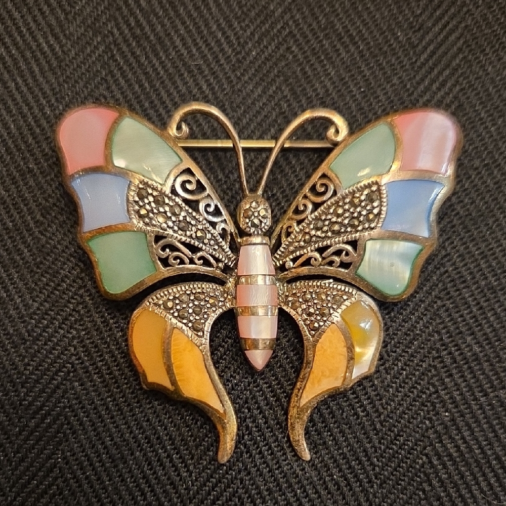 Elegant Butterfly Brooch Or Pin, Silver with Mother Of Pearl And Marcasite